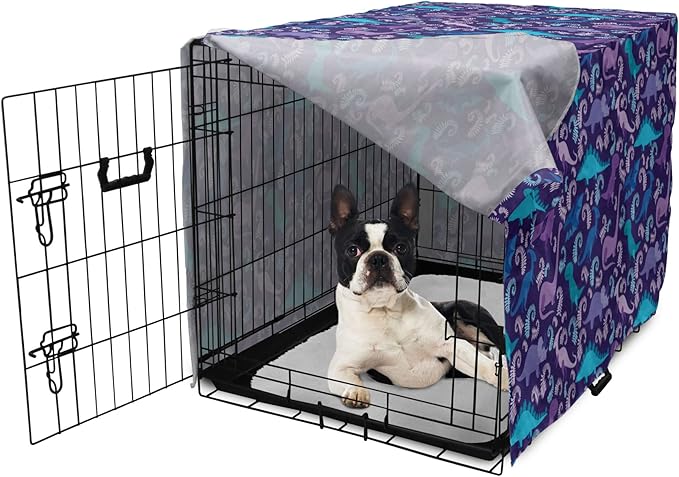 Lunarable Jurassic Dog Crate Cover, Abstract Cartoon Dinosaur Pattern Ferns Caricature Style Creatures Prehistoric, Easy to Use Pet Kennel Cover for Small Dogs Puppies Kittens, 22 Inch, Blue Purple