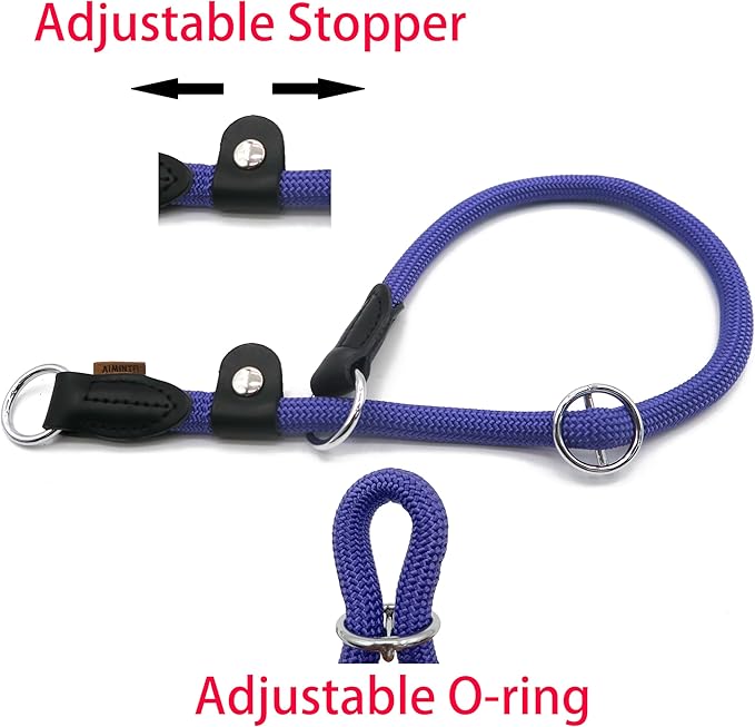 Braided Rope Collar, Training Dog Collar, Round Martingale Collar, Slip Collar with Adjustable Stopper and Slidable Stop Ring - Ideal for Medium Dogs (M(1/3") - 18" Long, Purple)