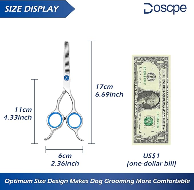 Dog Thinning Shears Professional Dog Grooming Scissors with Large Finger Hole for Pet Cat Hair Cutting Trimming Double Curved Finger Rest Right Left Handed