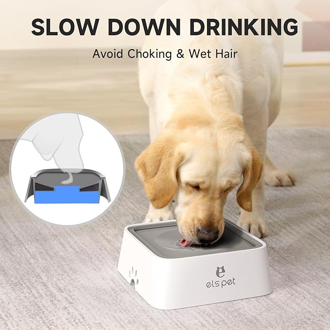 ELS PET No Spill Slow Water Feeder - Large Capacity 70oz/2L Travel Bowl for Dogs & Cats (Grey)