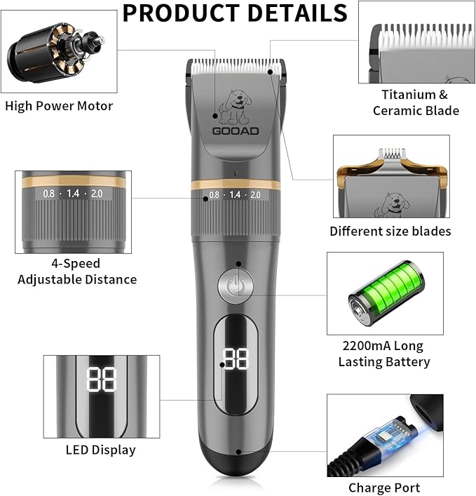 Goood Cat Grooming Kit - Cordless Cat Clippers for Long & Matted Hair, Low Noise Paw Trimmer, Quiet Pet Hair Clippers (Gray)