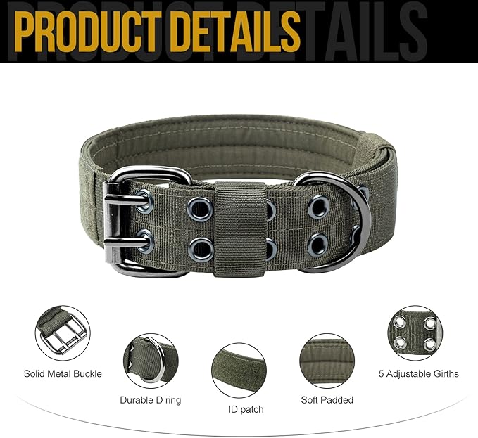OneTigris Military Adjustable Dog Collar with Metal D Ring & Buckle 2 Sizes (Ranger Green, L)