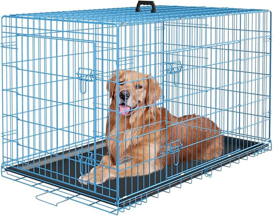 PayLessHere Large Dog Crate Kennel for Medium Large Dogs Metal Dog Cage Double-Door Folding Travel Indoor Outdoor Puppy Playpen with Divider and Handle Plastic Tray (42 Inch, Blue)