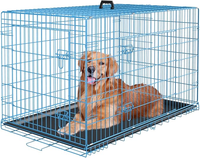 PayLessHere Large Dog Crate Kennel for Medium Large Dogs Metal Dog Cage Double-Door Folding Travel Indoor Outdoor Puppy Playpen with Divider and Handle Plastic Tray (48 Inch, Blue)