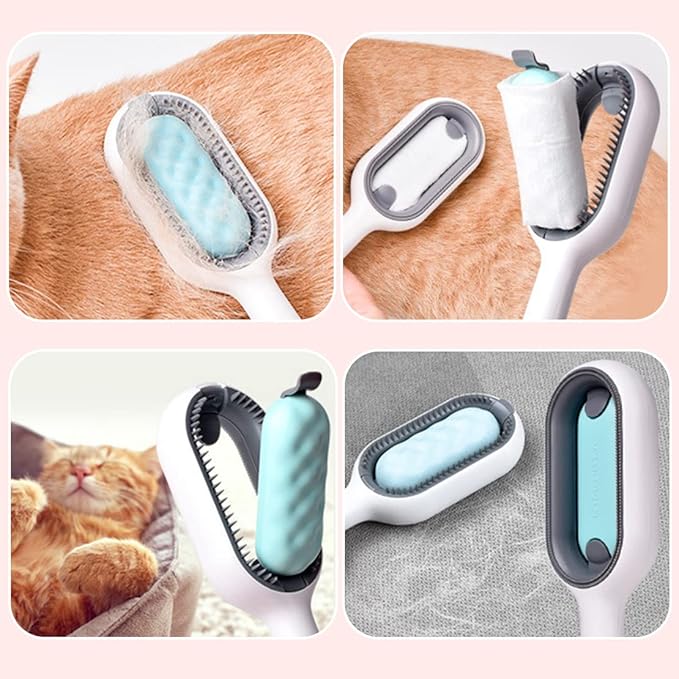 Cat Hair Brush 4 in 1, Pet Hair Removal Comb Universal Pet Knots Remover Multifunctional Dog Cleaning Brushes with Finger Cover for Short-Hair Pets Grooming Matted Fur (Blue)