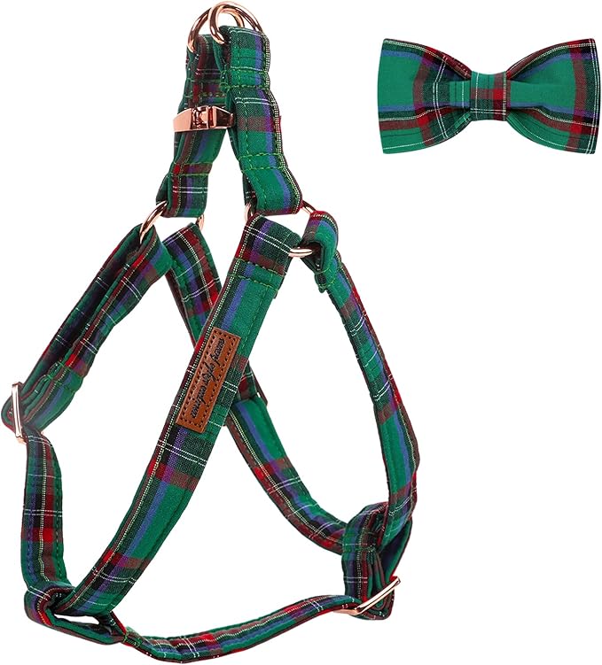 Unique style paws Green Plaid Dog Harness Adjustable Harnesses Durable Hardware with Bowtie for Small Medium Large Dog-Christmas Style-XS