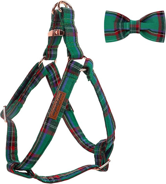 Unique style paws Green Plaid Dog Harness Adjustable Harnesses Durable Hardware with Bowtie for Small Medium Large Dog-Christmas Style-XS