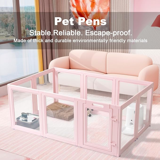 Clear Acrylic Dog Playpen,Transparent DIY Dog Pen,Easy Assembly and Disassembly,Indoor and Outdoor Use,Simple Cleansing Fence (Skin Pink, 60CM, 10 Panel)
