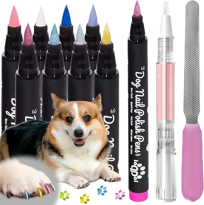 Dog Nail Polish Pens Quick-Dry Set – 8 Metallic & Matte Colors Pawlish Pens, 1 Nail File with 1 Top Coat Pen – Non-Toxic, Easy to Apply, Pet-Safe Accessories for Small & Large Puppies & Cats