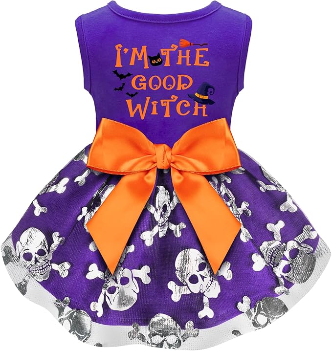 Funny Puppy Dress with Bow - Small/Large Dog Halloween Costume - Pumpkin Witch Bat Pet Dress (Small, Good Witch2)