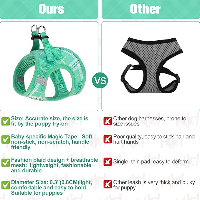 BEAUTYZOO Small Dog Harness and Leash Set,Step in No Chock No Pull Soft Mesh Dog Harnesses Reflective for Extra-Small/Small Medium Puppy Dogs and Cats, Plaid Dog Vest Harness for XS S Pets, Teal S