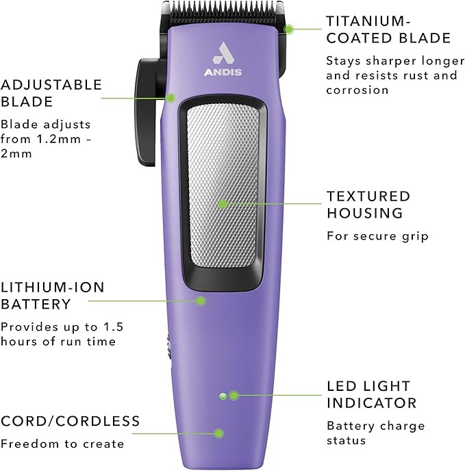 Andis Easy Clip Adjustable Blade Cordless II Dog Clipper, 10 Piece Kit, Lithium-Ion Battery, Purple, 560017