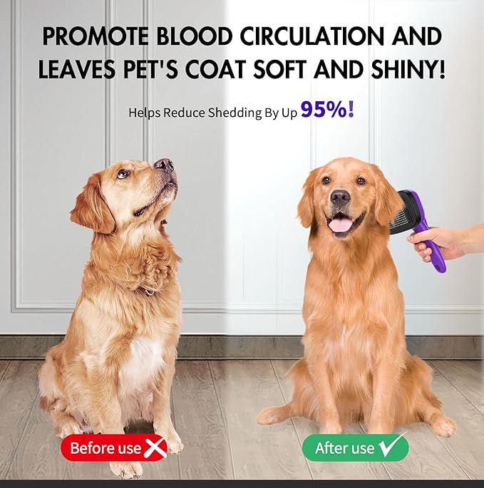 5 PCS Dog Grooming Brush Kit – Self Cleaning Slicker Brush for Shedding Short & Long Haired Dogs & Cats. Removes Loose Fur, Undercoat, Mats, Tangles for Small, Medium & Large Pets. Purple