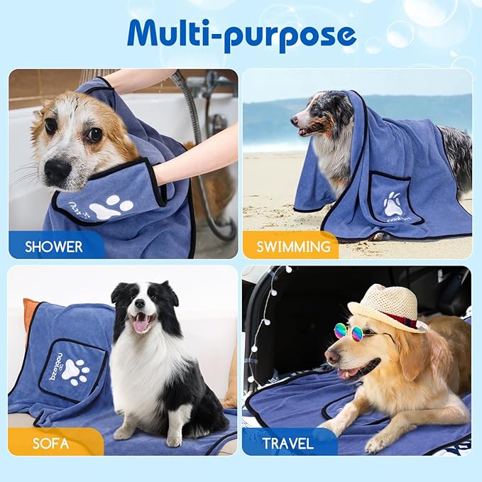 Nobleza Super Absorbent Large Dog Towels - Soft Microfiber Quick Drying Dog & Cat Bath Towel with Hand Pockets (Mazarine, 2 Pack)