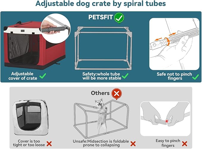 PETSFIT Portable Dog Crate, with Patented Adjustable Fabric Cover, Chewproof & Lockable Mesh Doors, Waterproof Base Portable Kennel Red 26 Inch
