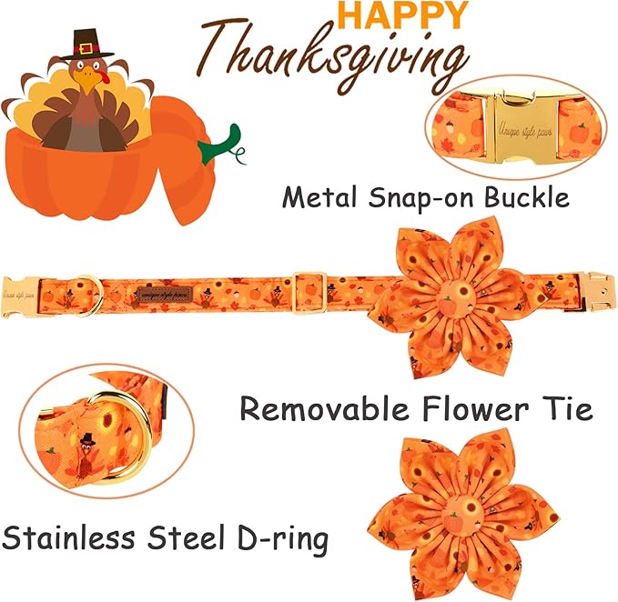Unique style paws Halloween& Dog Collar with Flower Tie Pumpkin Cotton Collar Adjustable Puppy Collar Best Thanksgiving Gift for Small Medium Large Dogs-Turkey & Pumpkin Theme-M