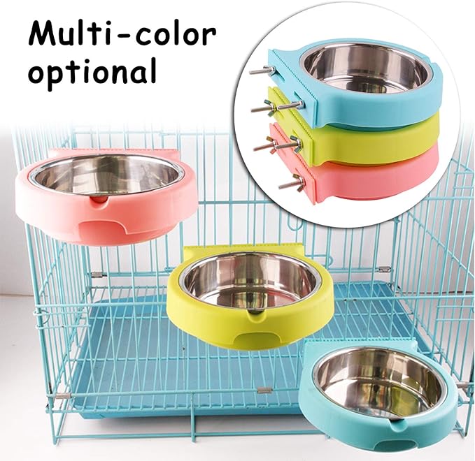 Crate Dog Bowl Removable Stainless Steel Water Food Feeder Bowls Cage Coop Cup for Cat Puppy Bird Pets (Small, Pink Orange with Corrugated Clip)