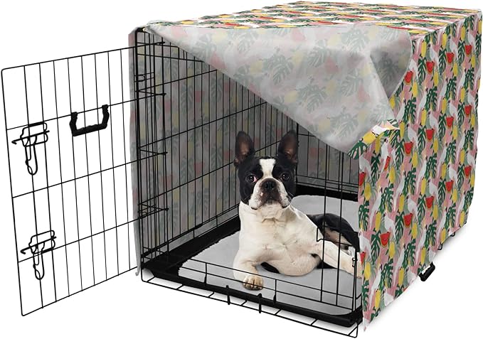 Ambesonne Summer Dog Crate Cover, Cockatoo Parrot in Exotic Forest Watermelon Slices Monstera Lemons Pattern, Easy to Use Pet Kennel Cover for Small Dogs Puppies Kittens, 22 Inch, Rose and Multicolor