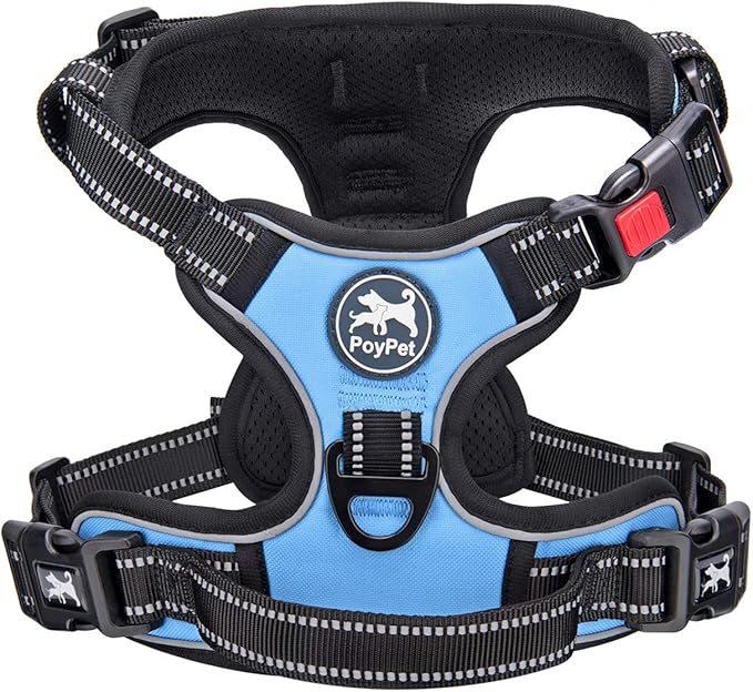 PoyPet Dog Harness No Pull, Reflective Adjustable No Choke Pet Vest with Front & Back Clips, Soft Padded and Control Training Handle for Large Dogs(Light Blue,XL)