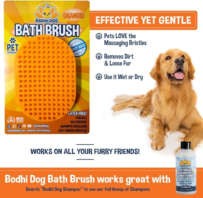 Bodhi Dog Shampoo Brush - Pet Grooming & Bath Supplies for Cats and Dog - Bath Brush for Long & Short Hair - Premium Scrubber for Shower, Bathing & Massage (One Pack, Orange)