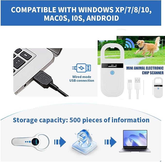 Animal Chip Scanner for Pet, 134.2KHz 5V USB2.0 Animal Handheld Reader 15cm Reading Distance Pet ID Scanner EMID Microchip Scanner for Animal Identification Management