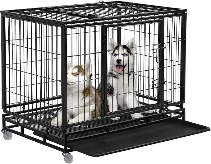 PayLessHere Dog Crate Dog Cage Dog Kennel for Large Dogs Heavy Duty 36 Inches Pet Playpen for Training Indoor Outdoor with Plastic Tray Double Doors & Locks Design