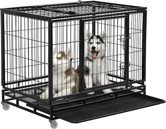PayLessHere Dog Crate Dog Cage Dog Kennel for Large Dogs Heavy Duty 36 Inches Pet Playpen for Training Indoor Outdoor with Plastic Tray Double Doors & Locks Design