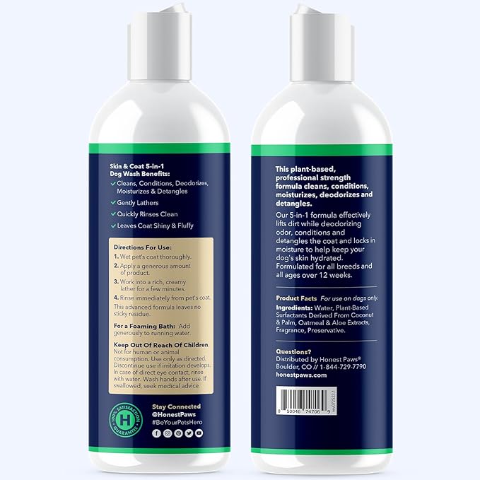 Honest Paws Dog Shampoo and Conditioner - Premium Dog Wash for Allergies and Dry, Itchy, Moisturizing for Sensitive Skin - Sulfate Free, Plant Based, All Natural - Oatmeal & Aloe -16 Fl Oz