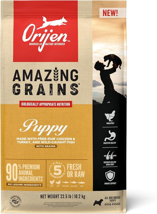 ORIJEN Amazing Grains Puppy Dry Dog Food, High Protein Dog Food for Puppies, Fresh or Raw Ingredients, 22.5lb