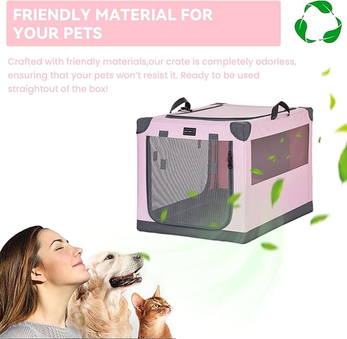 PETSFIT Travel Dog Crate, with Patented Adjustable Fabric Cover, Chewproof & Lockable Mesh Doors, Waterproof Base Portable Kennel Pink 26 Inch