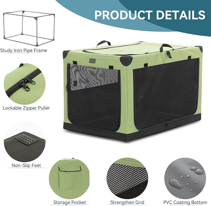 PETSFIT Collapsible Dog Crate, with Patented Adjustable Fabric Cover, Chewproof & Lockable Mesh Doors, Waterproof Base Soft Sided Kennel Green 26 Inch