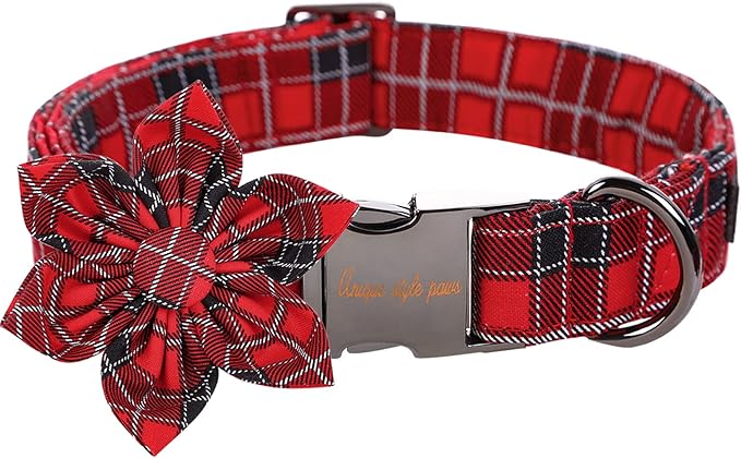Unique style paws Christmas Dog Collar with Flower Tie Red Black Grid Cotton Collar Adjustable Puppy Plaid Collar for Small Medium Large Dogs-XS