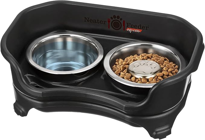 Neater Feeder Express Mess Proof Dog Bowls Elevated for Small Breed – Made in USA – No Spill Raised Slow Feeder Elevated Dog Bowl Stand, Stainless Steel Food and Water Bowl Set, Black