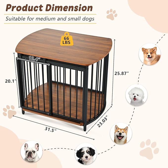 Merax 31.5" Furniture Style Dog Crate for Small and Medium Dogs, Wooden Cage Indoor Kennel Furniture, Modern Dog Crate End Table with Double-Doors, Brown