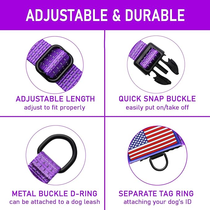 Martingale Collar for Training Dogs. Adjustable Reflective Collars with Buckle-USA Flag- NO Pull-Prevents Slipping Out, for Medium Large XL Dogs. Helps with Strong pullers(XL, Purple)