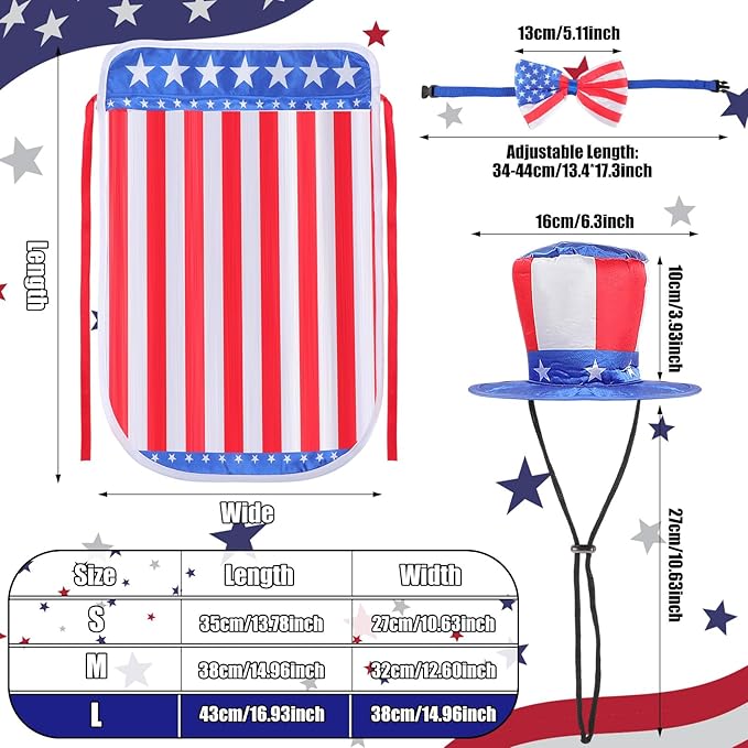 JaGely 3 Pcs 4th of July Dog Outfit Independence Day Costume Set Includes Dog Top Hat, American Flag Bow Tie Collar and Cape Patriotic Pet Cats Puppy Clothes(L,Classic)