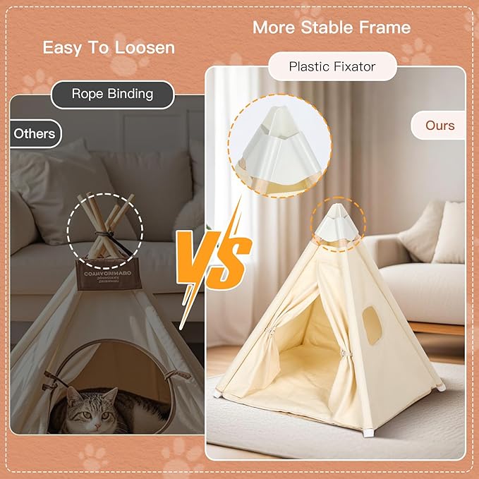 Pet Teepee Tent House for Small Cats & Mini-Dogs 16x16x16in, Small Cat House, Mini-Dog House for Chihuahuas, More Stable, Indoor, S for Pets Up to 15lbs, White
