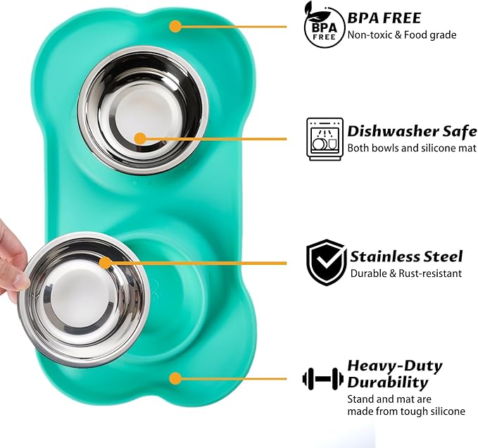 Hubulk Pet Dog Bowls 2 Stainless Steel Dog Bowl with No Spill Non-Skid Silicone Mat + Pet Food Scoop Water and Food Feeder Bowls for Feeding Small Medium Large Dogs Cats Puppies (Small, Mint Green)