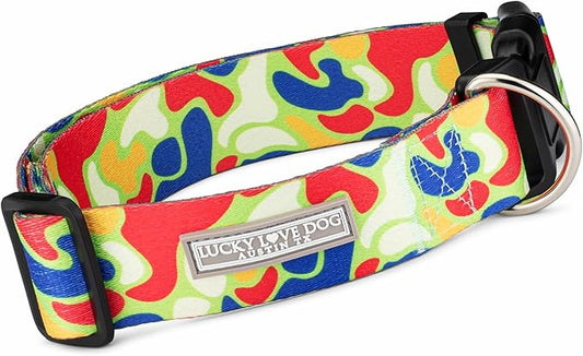 Lucky Love Dog Wide Dog Collar - Adjustable, Durable, Soft Webbing, & Comfortable 1.5 inch Wide Collar for Dogs Male and Female - in Oscar Pattern with Strong Buckle, Medium Size