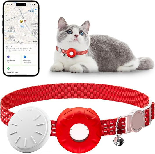 Cat Tracker, Pet Tracker for Cats, Cat Tracker Collar with Safety Elastic Buckle, Works with Any Collar,Compatible with Apple Find My App (Only iOS), No Monthly Fee Pet Tracker, Red