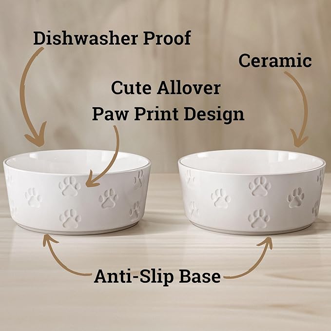 Ceramic Dog Bowl Set of 2 with Anti-Skid Base - 6.5" Wide x 2.5" Tall Ceramic Dog Bowls Medium Sized Dogs - 3 Cup Capacity Food and Water Bowls for Dogs - Rubber Bottom Pet Bowl Set of 2 Medium Size