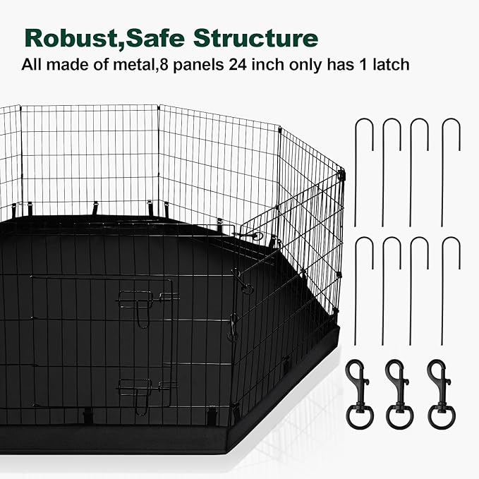 PJYuCien Dog Playpen - Metal Foldable Dog Exercise Pen, Pet Fence Puppy Crate Kennel Indoor Outdoor with 8 Panels 24”H & Top Cover and Bottom Pad for Small Medium Pets