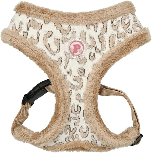 Pinkaholic New York Tailsy Dog Harness Over-The-Head Warm Winter Leopard Pattern Adjustable Chest for Small Dog, Beige, Medium