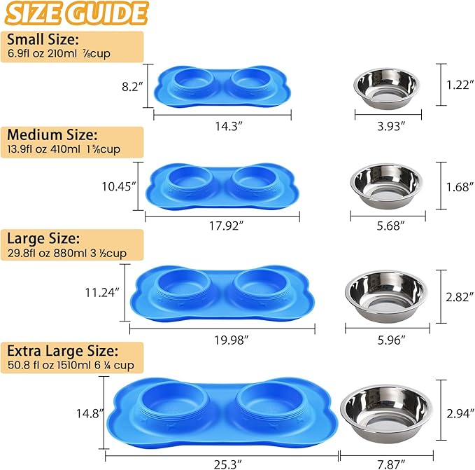 Hubulk Pet Dog Bowls 2 Stainless Steel Dog Bowl with No Spill Non-Skid Silicone Mat + Pet Food Scoop Water and Food Feeder Bowls for Feeding Small Medium Large Dogs Cats Puppies (Medium, Blue)