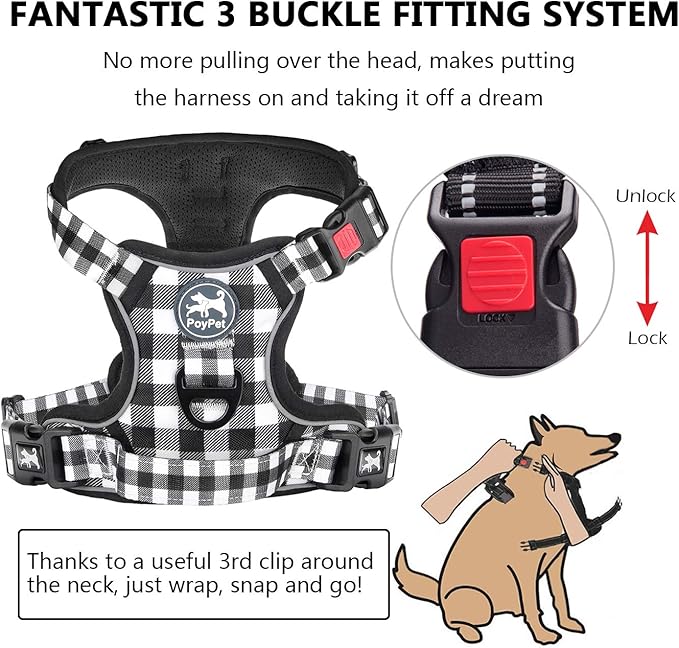 PoyPet No Pull Dog Harness, [Neck Release] Reflective Adjustable No Choke Pet Vest with Front & Back 2 Leash Attachments, Soft Control Training Handle for Small Dogs(Grid,S)