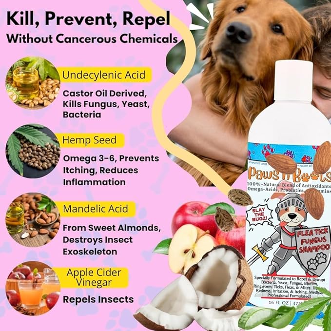 Pet Flea & Tick Treatment Shampoo, Coat Armor - 100% Organic, All-Natural & Non-Toxic to Pets. Fast Relief for Dry, Itchy, Sensitive Skin. Tearless, Odor Controlling, Lavender, Made in USA 16oz