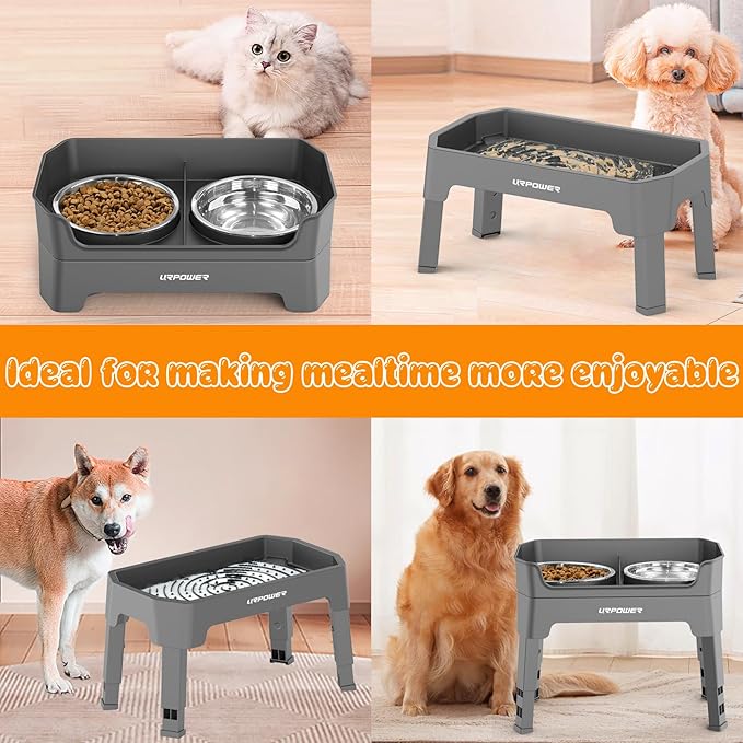 URPOWER 3-in-1 Elevated Dog Bowls - Mess Proof Double Deck 4 Height Adjustable Raised Stand with 2 Stainless Steel Food Bowls & Licking Plate for Small, Medium & Large Dogs