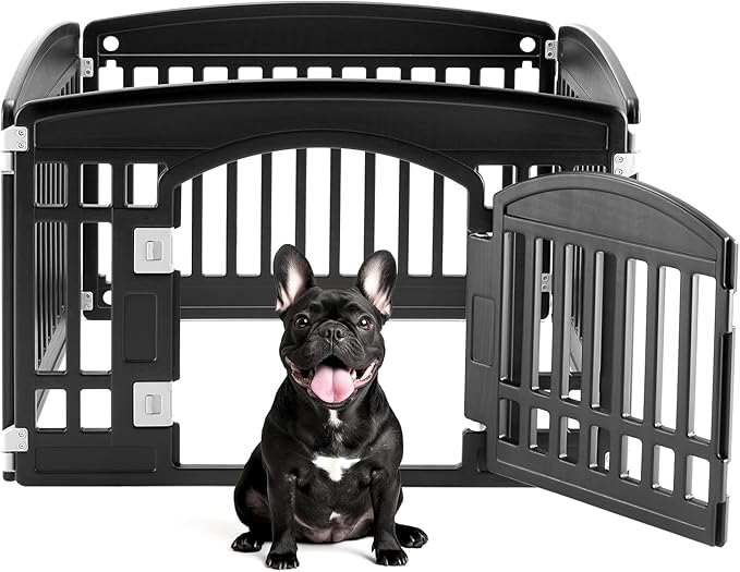 Plastic Dog Playpen | 4-Panel 24" Safe & Secure Indoor/Outdoor Pet Fence | Folding & Portable | Ideal for Small Dogs | Easy to Clean （Black）