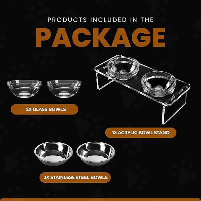 Dog and Cat Bowls Elevated Set - Acrylic Feeder Stand with 2 Set Removable Stainless Steel and Glass Bowls Food and Water Raised Dishes for Medium Dogs,5.5 inches
