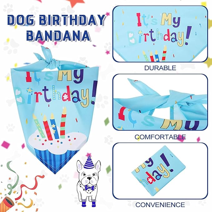 Dog Boy Birthday Party Outfits,Birthday Hat, Bow Tie, Bandana, Happy Birthday Banner,Puppy Pet Theme Decorations Suit for Golden Doodle Teddy Husky Labrador (4PCS Blue)